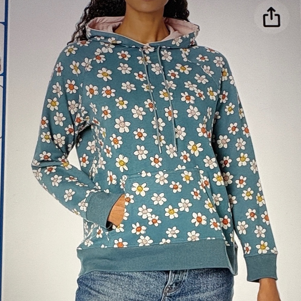 Vera Bradley French Terry Hoodie Blue Prairie Daisy Smiley Faces Women’s Medium